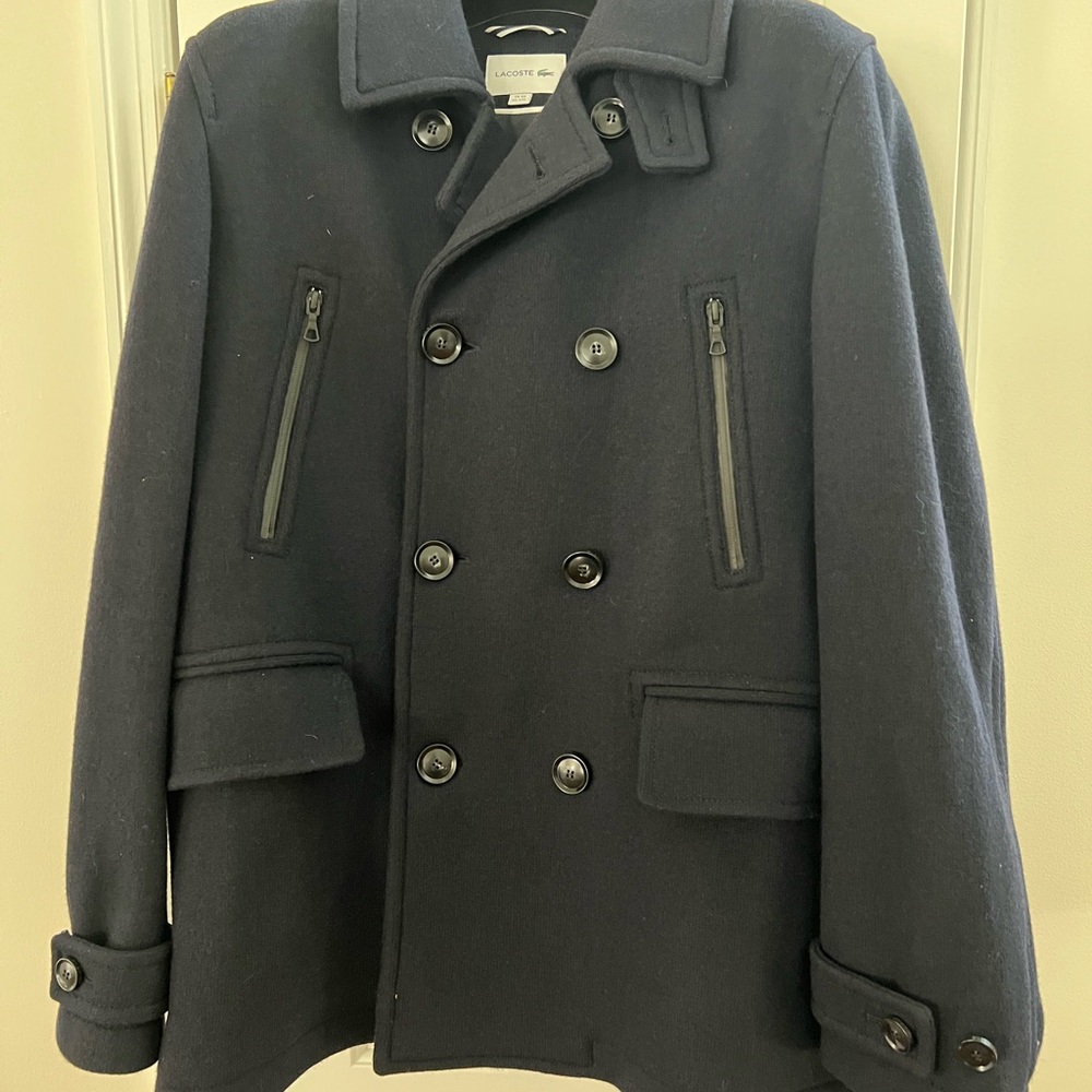 Lacoste Navy Double-Breasted Peacoat with Zip Chest Pockets